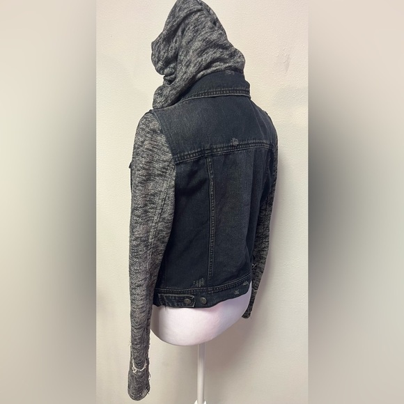 Free People Denim Knit Sleeve Hooded Distressed Jean Trucker Jacket - Picture 5 of 8